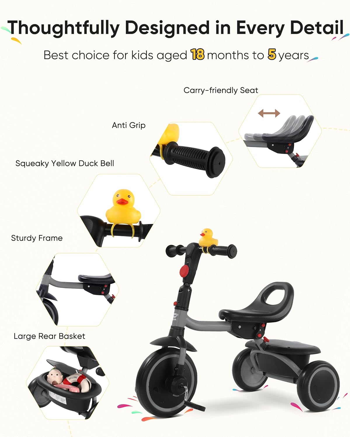 Foldable Toddler Tricycle with Carry-Friendly Seat