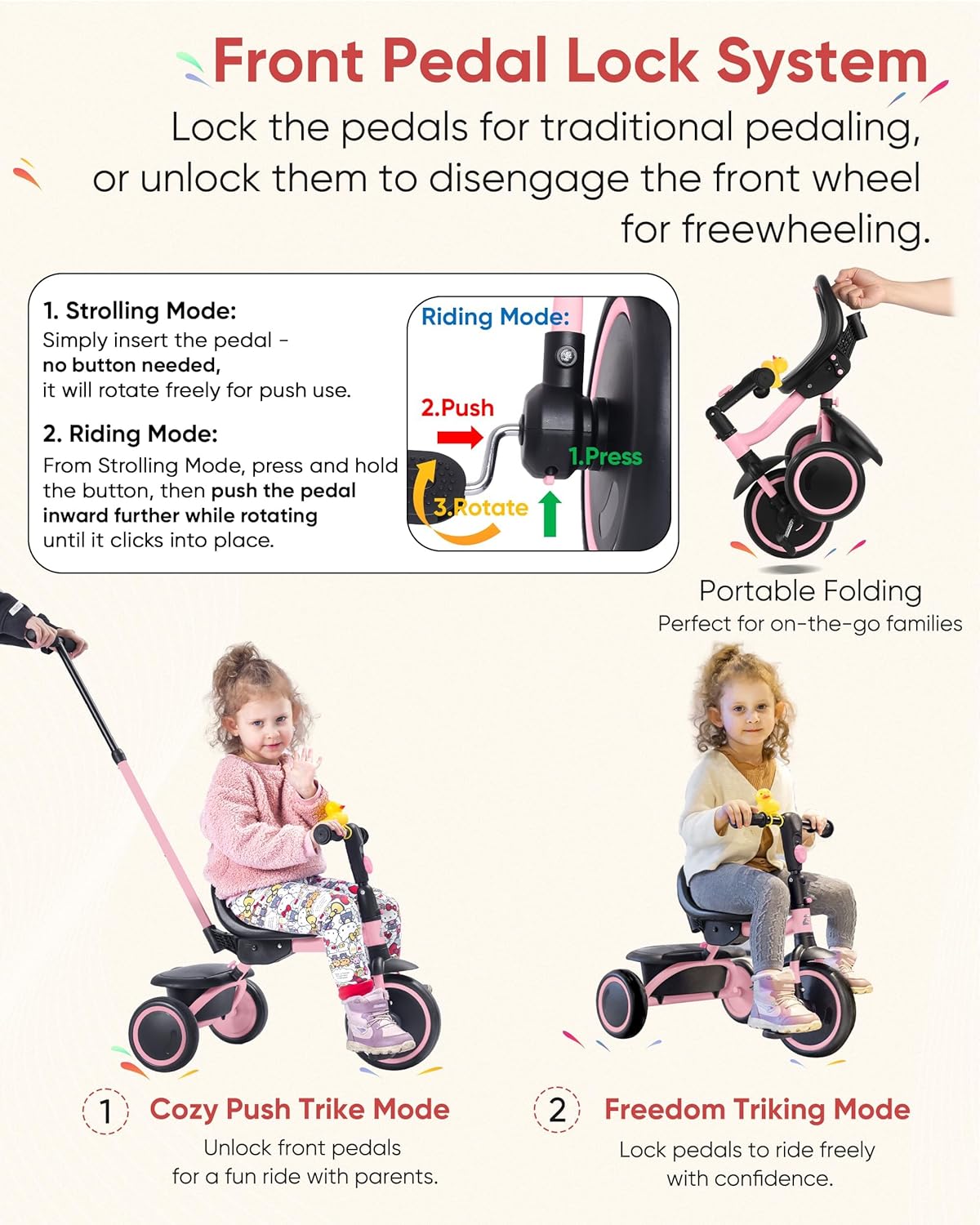 Portable Toddler Tricycle with Push Handle