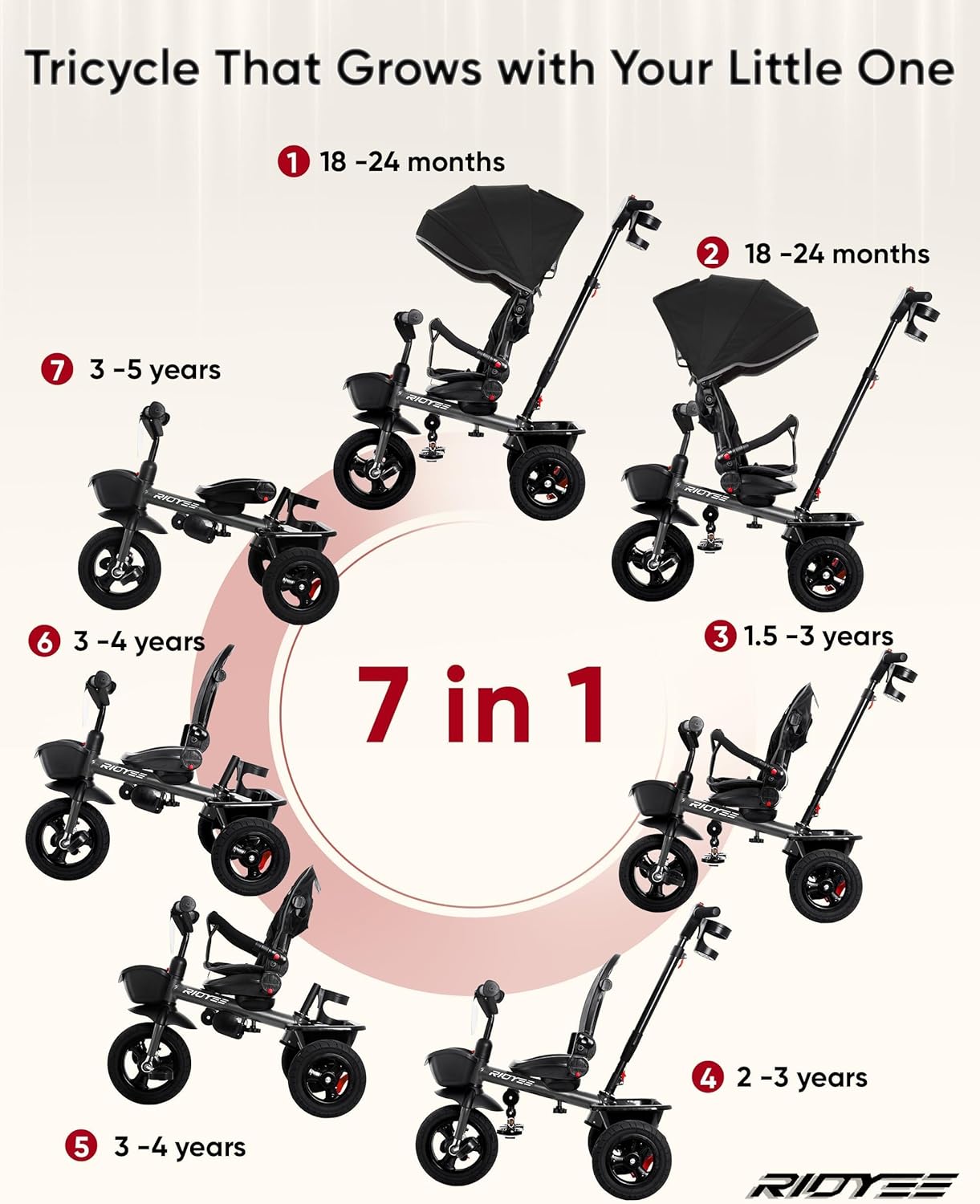 7-in-1 Toddler Tricycle with All-Terrain Tires