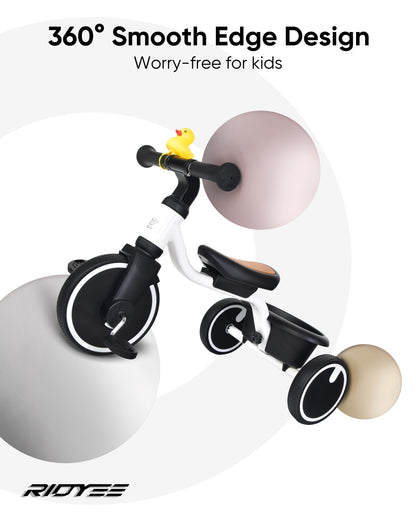 RIDYEE Tricycles for Toddlers 1-3, Tricycles for 1-3 Year Olds with Rubber Tires, Stable Riding on Any Surface, Toddler Tricycle with Adjustable Seat, Non-Sharp Edge Design, Large Basket, White