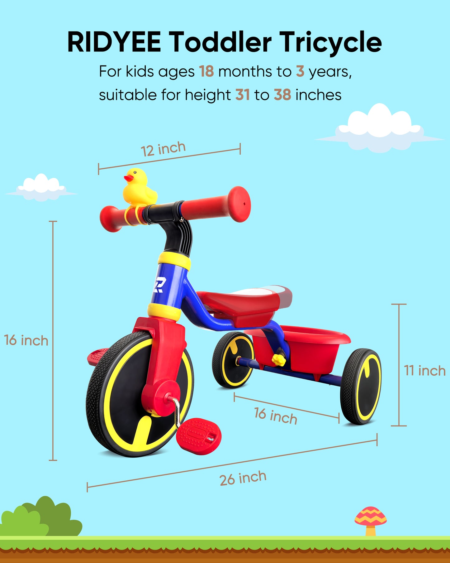 RIDYEE Tricycles for Toddlers 1-3, Tricycles for 1-3 Year Olds with Rubber Tires, Stable Riding on Any Surface, Toddler Tricycle with Adjustable Seat, Non-Sharp Edge Design, Large Basket, Blue