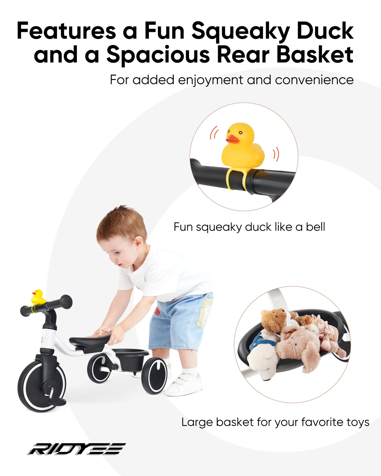 RIDYEE Tricycles for Toddlers 1-3, Tricycles for 1-3 Year Olds with Rubber Tires, Stable Riding on Any Surface, Toddler Tricycle with Adjustable Seat, Non-Sharp Edge Design, Large Basket, White