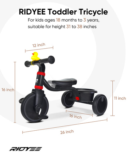 RIDYEE Tricycles for Toddlers 1-3, Tricycles for 1-3 Year Olds with Rubber Tires, Stable Riding on Any Surface, Toddler Tricycle with Adjustable Seat, Non-Sharp Edge Design, Large Basket, Grey