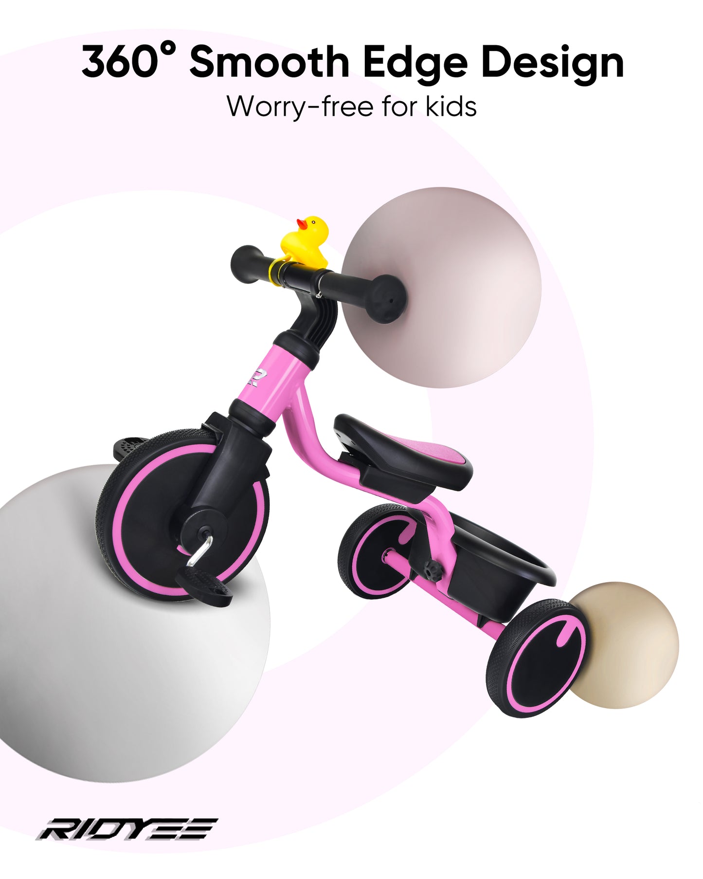 RIDYEE Tricycles for Toddlers 1-3, Tricycles for 1-3 Year Olds with Rubber Tires, Stable Riding on Any Surface, Toddler Tricycle with Adjustable Seat, Non-Sharp Edge Design, Large Basket, Pink