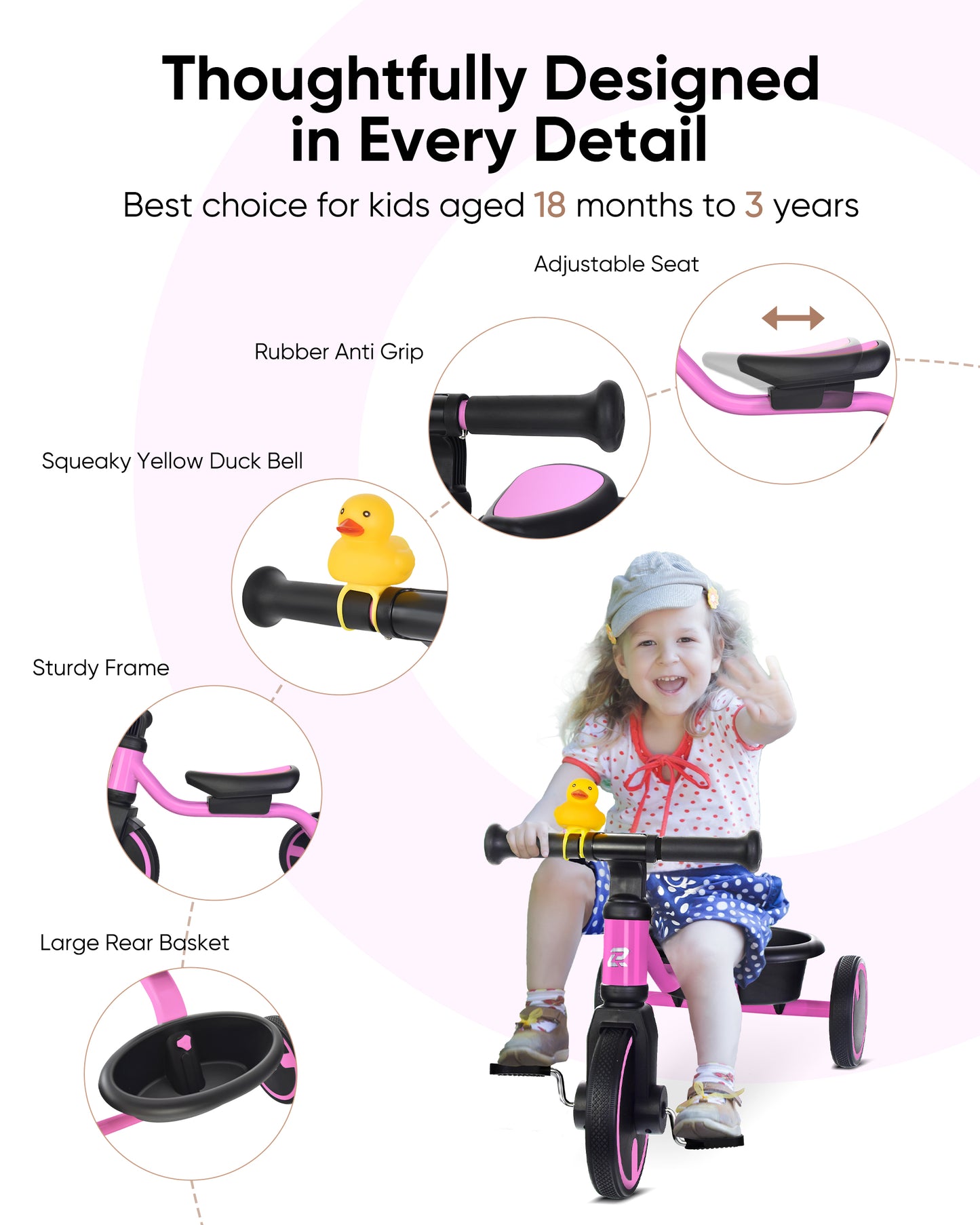 RIDYEE Tricycles for Toddlers 1-3, Tricycles for 1-3 Year Olds with Rubber Tires, Stable Riding on Any Surface, Toddler Tricycle with Adjustable Seat, Non-Sharp Edge Design, Large Basket, Pink