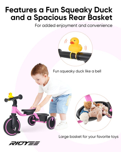 RIDYEE Tricycles for Toddlers 1-3, Tricycles for 1-3 Year Olds with Rubber Tires, Stable Riding on Any Surface, Toddler Tricycle with Adjustable Seat, Non-Sharp Edge Design, Large Basket, Pink