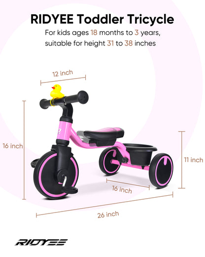 RIDYEE Tricycles for Toddlers 1-3, Tricycles for 1-3 Year Olds with Rubber Tires, Stable Riding on Any Surface, Toddler Tricycle with Adjustable Seat, Non-Sharp Edge Design, Large Basket, Pink