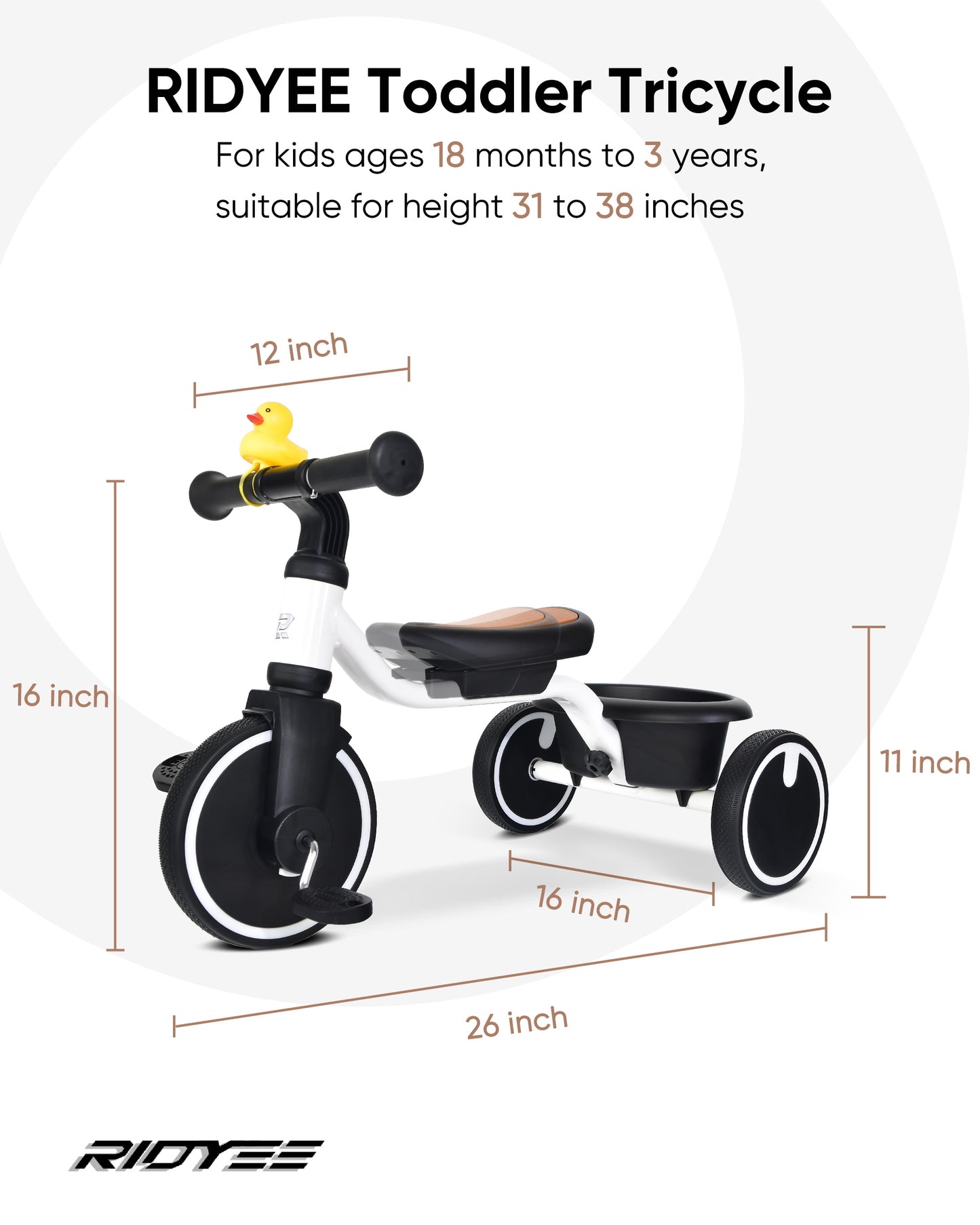 RIDYEE Tricycles for Toddlers 1-3, Tricycles for 1-3 Year Olds with Rubber Tires, Stable Riding on Any Surface, Toddler Tricycle with Adjustable Seat, Non-Sharp Edge Design, Large Basket, White