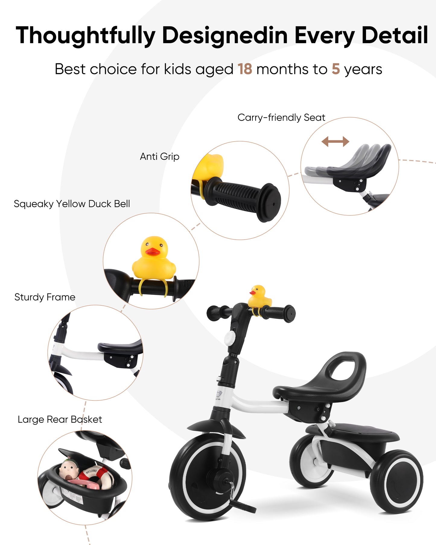 RIDYEE Toddler Tricycle for 18 Months to 5 Years, Foldable Tricycles for 3-5 Year Olds, Kids Tricycle with Adjustable Carry-Friendly Ergonomic Seat and Covered Large Basket, White