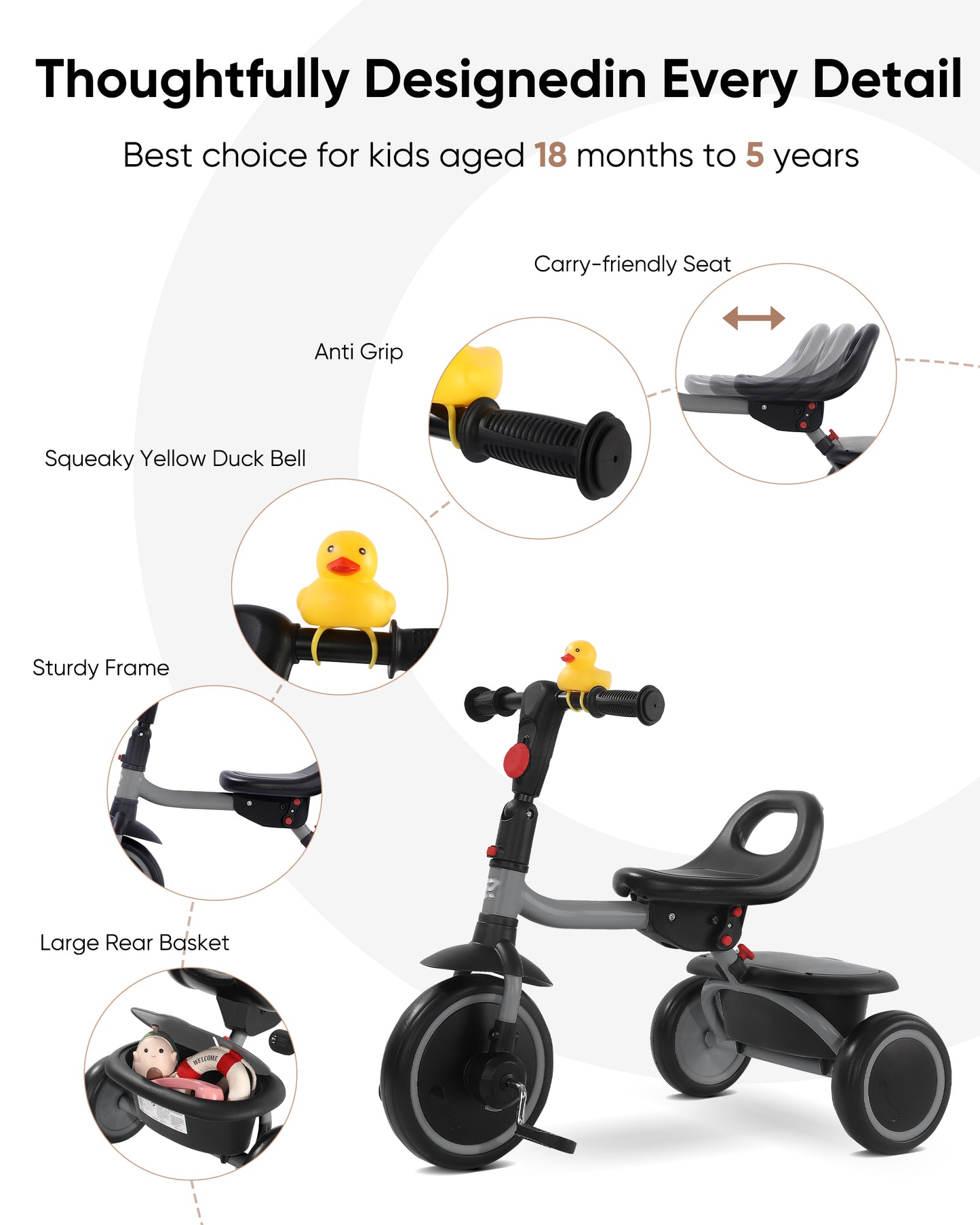 RIDYEE Toddler Tricycle for 18 Months to 5 Years, Foldable Tricycles for 3-5 Year Olds, Kids Tricycle with Adjustable Carry-Friendly Ergonomic Seat and Covered Large Basket, Grey