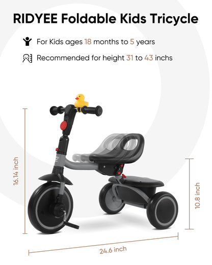 RIDYEE Toddler Tricycle for 18 Months to 5 Years, Foldable Tricycles for 3-5 Year Olds, Kids Tricycle with Adjustable Carry-Friendly Ergonomic Seat and Covered Large Basket, Grey