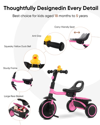 RIDYEE Toddler Tricycle for 18 Months to 5 Years, Foldable Tricycles for 3-5 Year Olds, Kids Tricycle with Adjustable Carry-Friendly Ergonomic Seat and Covered Large Basket, Pink