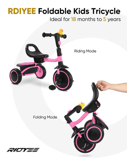 RIDYEE Toddler Tricycle for 18 Months to 5 Years, Foldable Tricycles for 3-5 Year Olds, Kids Tricycle with Adjustable Carry-Friendly Ergonomic Seat and Covered Large Basket, Pink