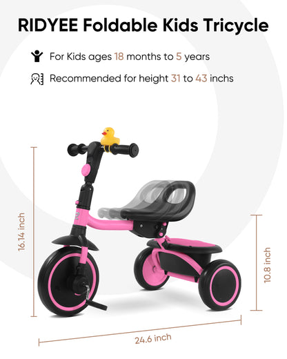 RIDYEE Toddler Tricycle for 18 Months to 5 Years, Foldable Tricycles for 3-5 Year Olds, Kids Tricycle with Adjustable Carry-Friendly Ergonomic Seat and Covered Large Basket, Pink