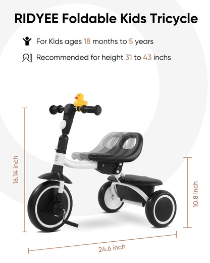 RIDYEE Toddler Tricycle for 18 Months to 5 Years, Foldable Tricycles for 3-5 Year Olds, Kids Tricycle with Adjustable Carry-Friendly Ergonomic Seat and Covered Large Basket, White