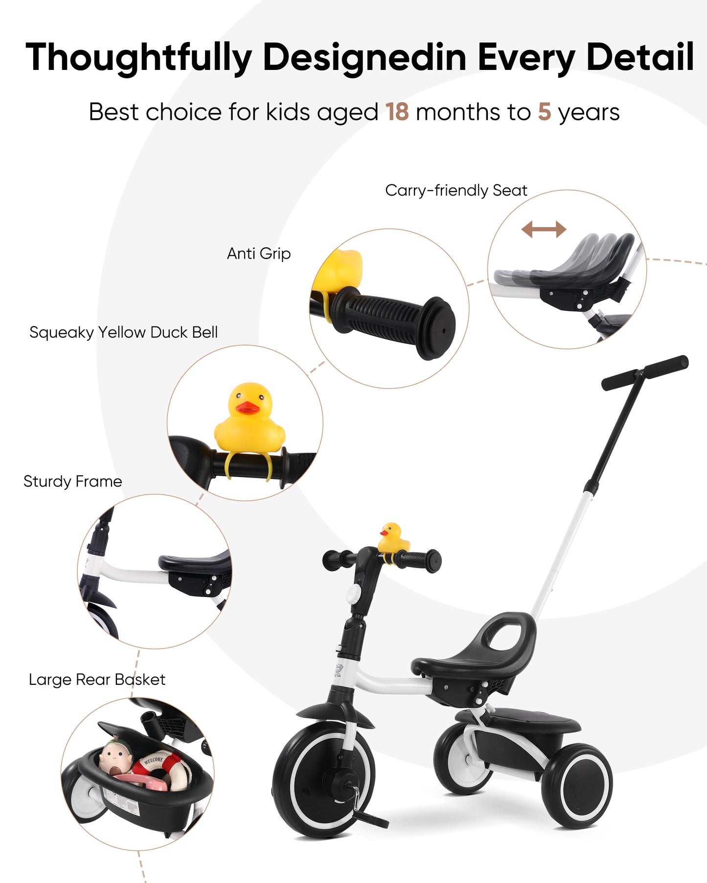 RIDYEE Tricycle for Toddlers 18 Months to 5 Years with Removable Push Handle, Tricycles for 3-5 Year Olds Ideal for On-The-Go Families, Toddler Tricycle with Adjustable Carry-Friendly Seat, White