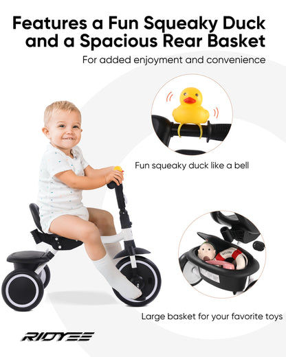 RIDYEE Tricycle for Toddlers 18 Months to 5 Years with Removable Push Handle, Tricycles for 3-5 Year Olds Ideal for On-The-Go Families, Toddler Tricycle with Adjustable Carry-Friendly Seat, White