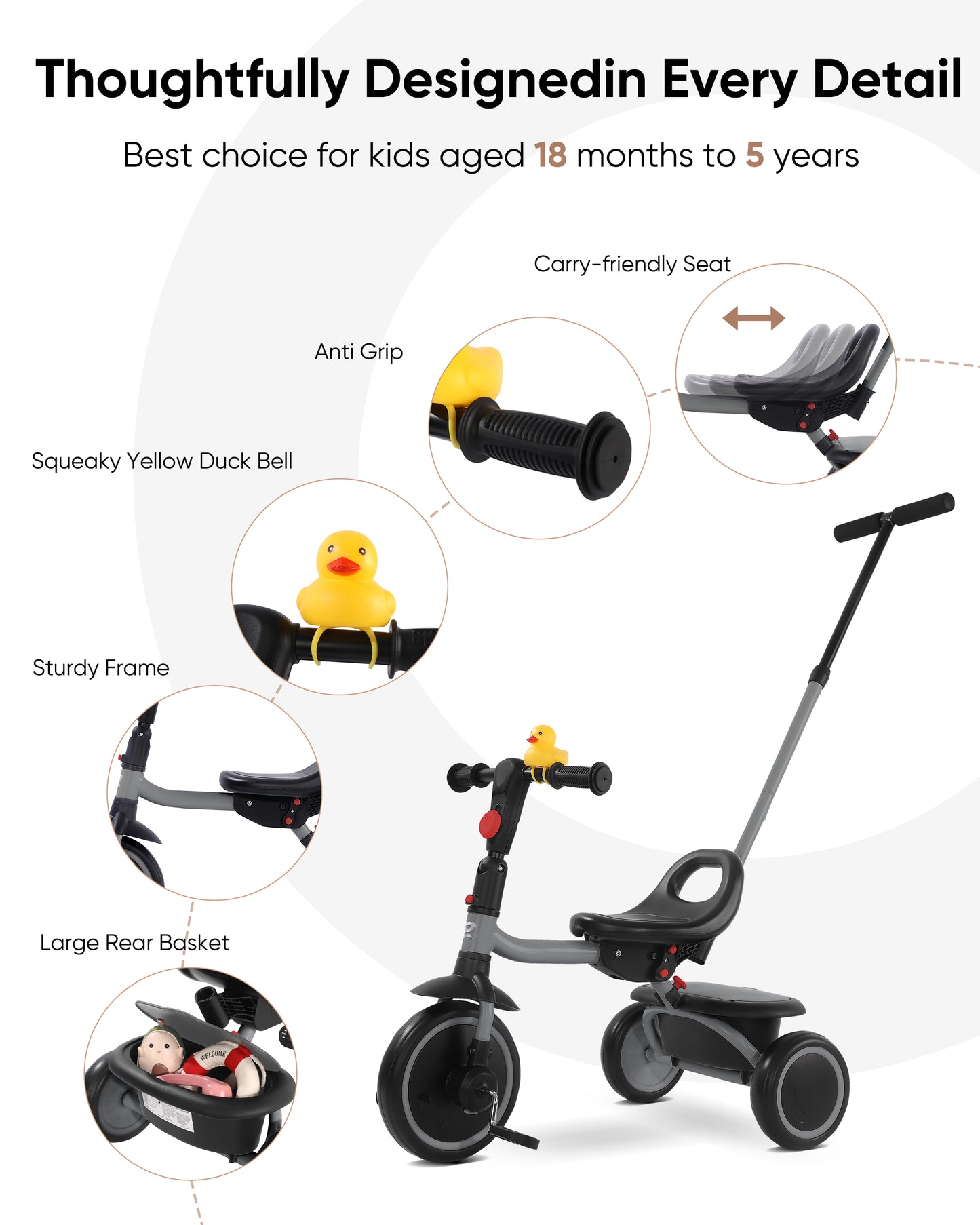 RIDYEE Tricycle for Toddlers 18 Months to 5 Years with Removable Push Handle, Tricycles for 3-5 Year Olds Ideal for On-The-Go Families, Toddler Tricycle with Adjustable Carry-Friendly Seat, Grey