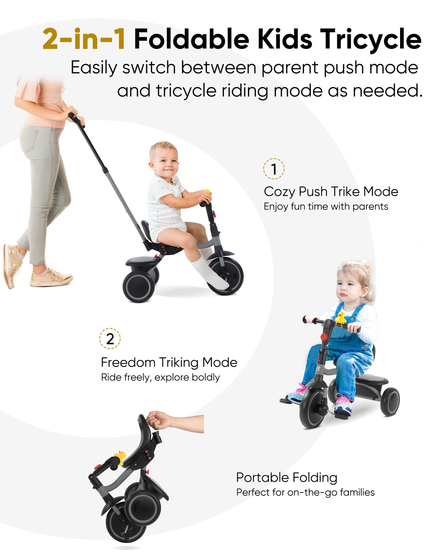 RIDYEE Tricycle for Toddlers 18 Months to 5 Years with Removable Push Handle, Tricycles for 3-5 Year Olds Ideal for On-The-Go Families, Toddler Tricycle with Adjustable Carry-Friendly Seat, Grey