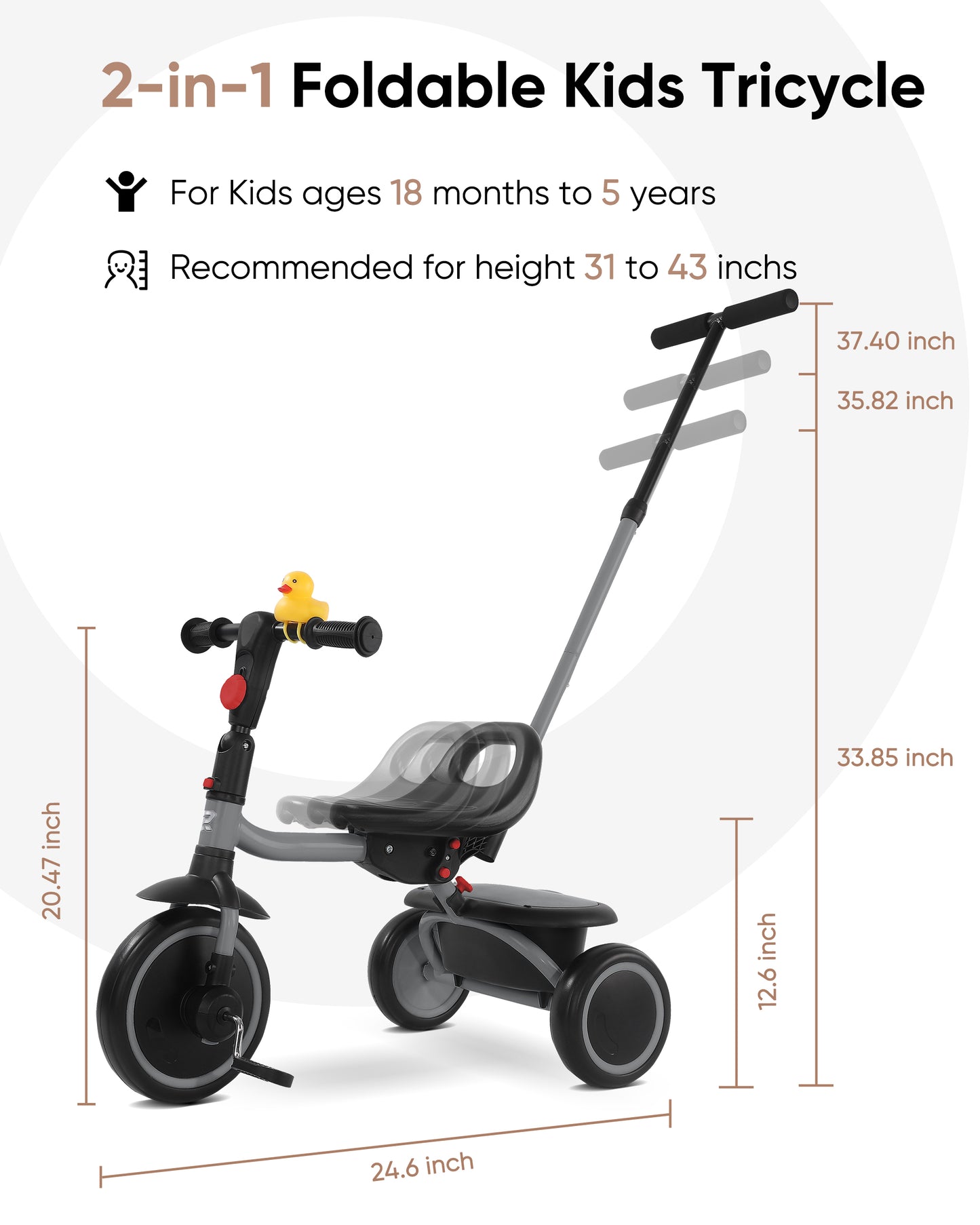 RIDYEE Tricycle for Toddlers 18 Months to 5 Years with Removable Push Handle, Tricycles for 3-5 Year Olds Ideal for On-The-Go Families, Toddler Tricycle with Adjustable Carry-Friendly Seat, Grey