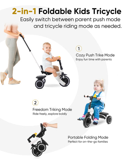 RIDYEE Tricycle for Toddlers 18 Months to 5 Years with Removable Push Handle, Tricycles for 3-5 Year Olds Ideal for On-The-Go Families, Toddler Tricycle with Adjustable Carry-Friendly Seat, White