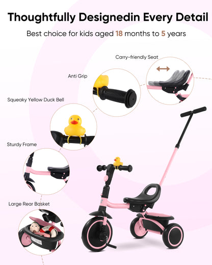 RIDYEE Tricycle for Toddlers 18 Months to 5 Years with Removable Push Handle, Tricycles for 3-5 Year Olds Ideal for On-The-Go Families, Toddler Tricycle with Adjustable Carry-Friendly Seat, Pink