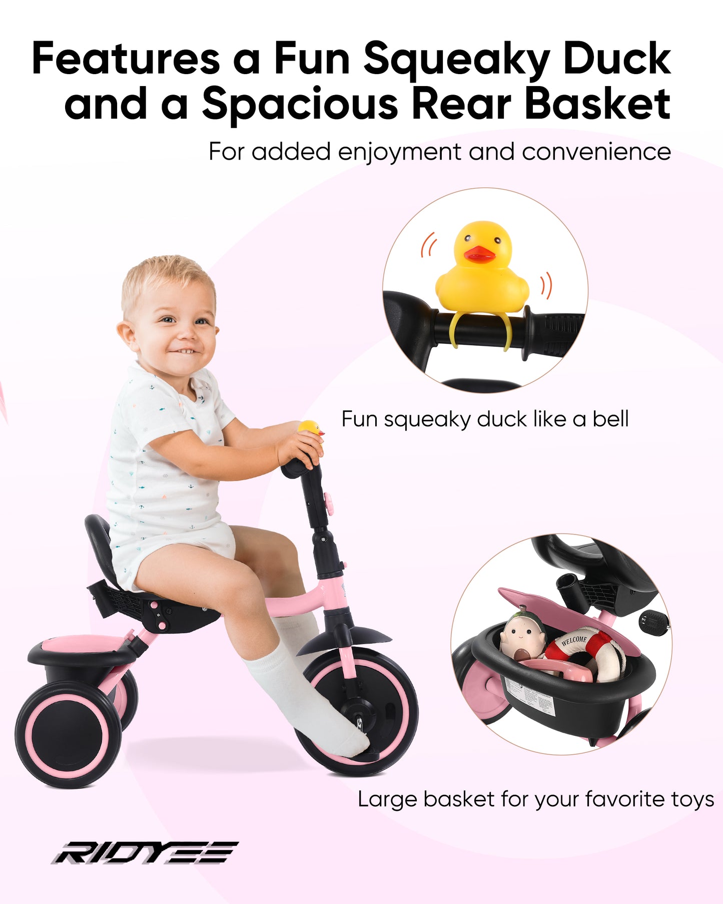 RIDYEE Tricycle for Toddlers 18 Months to 5 Years with Removable Push Handle, Tricycles for 3-5 Year Olds Ideal for On-The-Go Families, Toddler Tricycle with Adjustable Carry-Friendly Seat, Pink