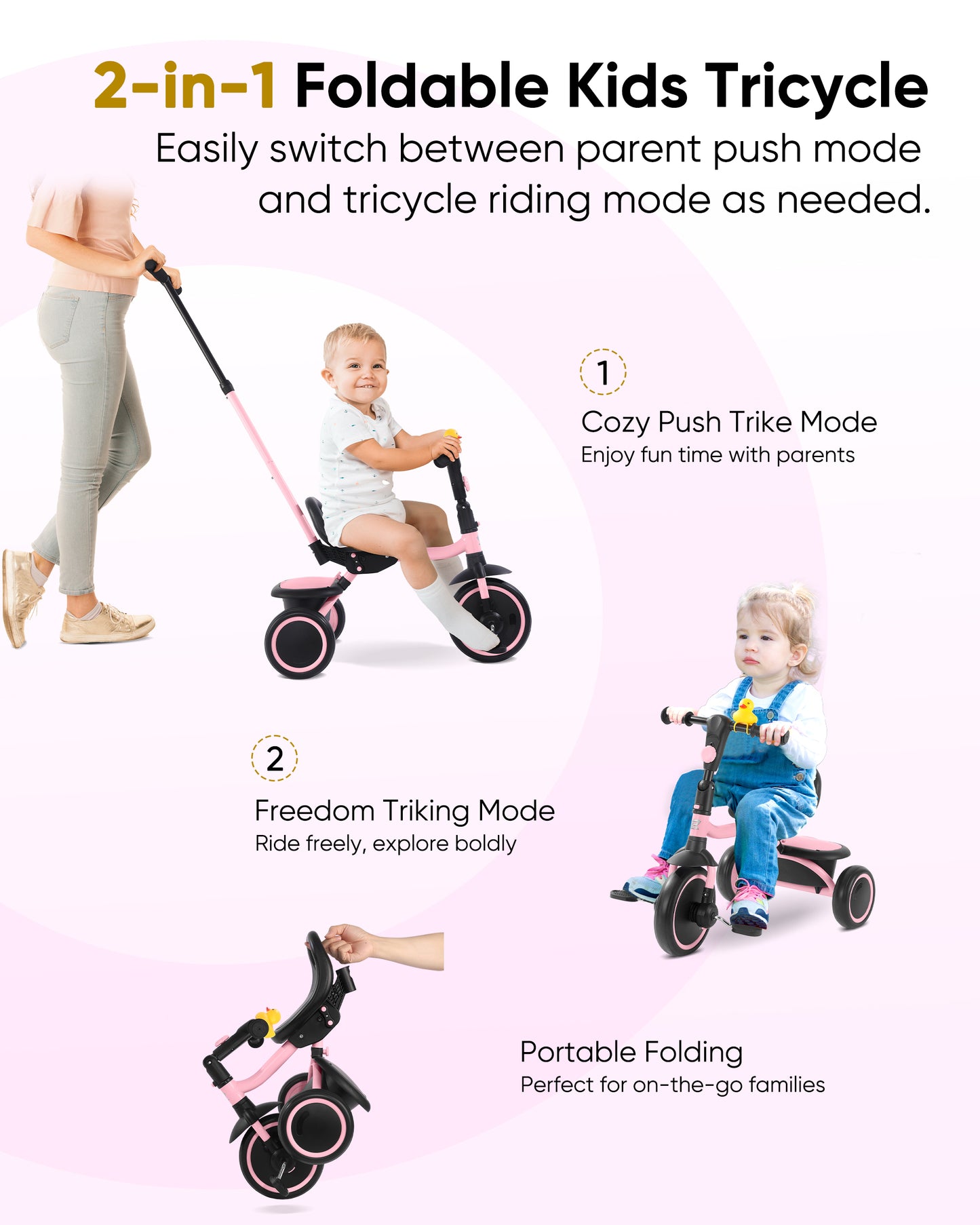 RIDYEE Tricycle for Toddlers 18 Months to 5 Years with Removable Push Handle, Tricycles for 3-5 Year Olds Ideal for On-The-Go Families, Toddler Tricycle with Adjustable Carry-Friendly Seat, Pink