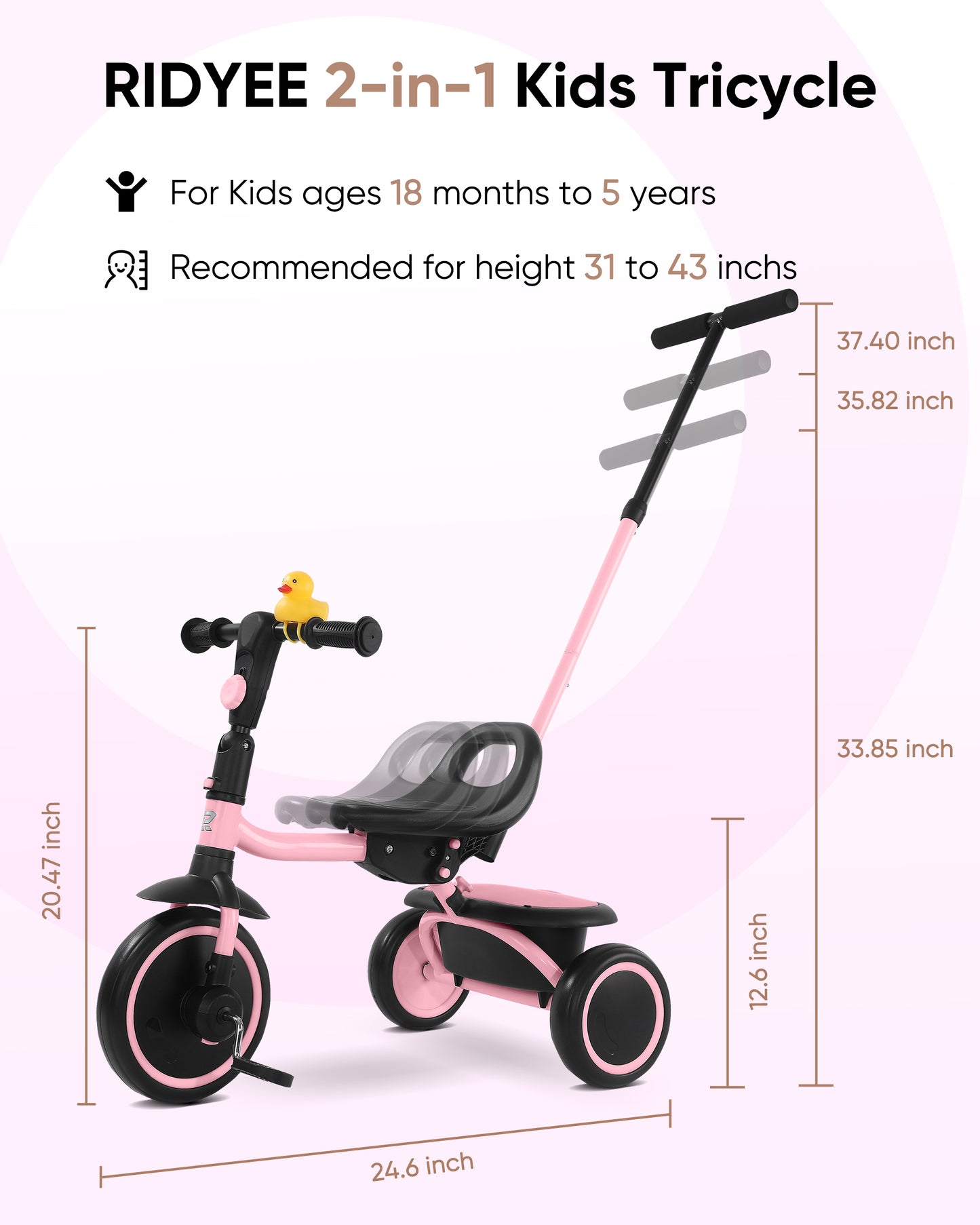 RIDYEE Tricycle for Toddlers 18 Months to 5 Years with Removable Push Handle, Tricycles for 3-5 Year Olds Ideal for On-The-Go Families, Toddler Tricycle with Adjustable Carry-Friendly Seat, Pink