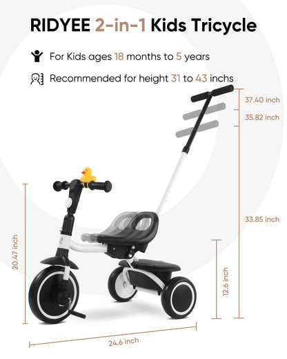 RIDYEE Tricycle for Toddlers 18 Months to 5 Years with Removable Push Handle, Tricycles for 3-5 Year Olds Ideal for On-The-Go Families, Toddler Tricycle with Adjustable Carry-Friendly Seat, White