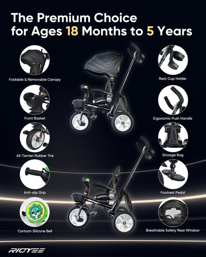 RIDYEE 7-in-1 Premium Toddler Tricycle for 18 Months to 5 Years, Tricycle for Toddlers with Rotatable Seat, Tricycle with All-Terrian Rubber Tire, Double Brake, Adjustable Push Handle, Black