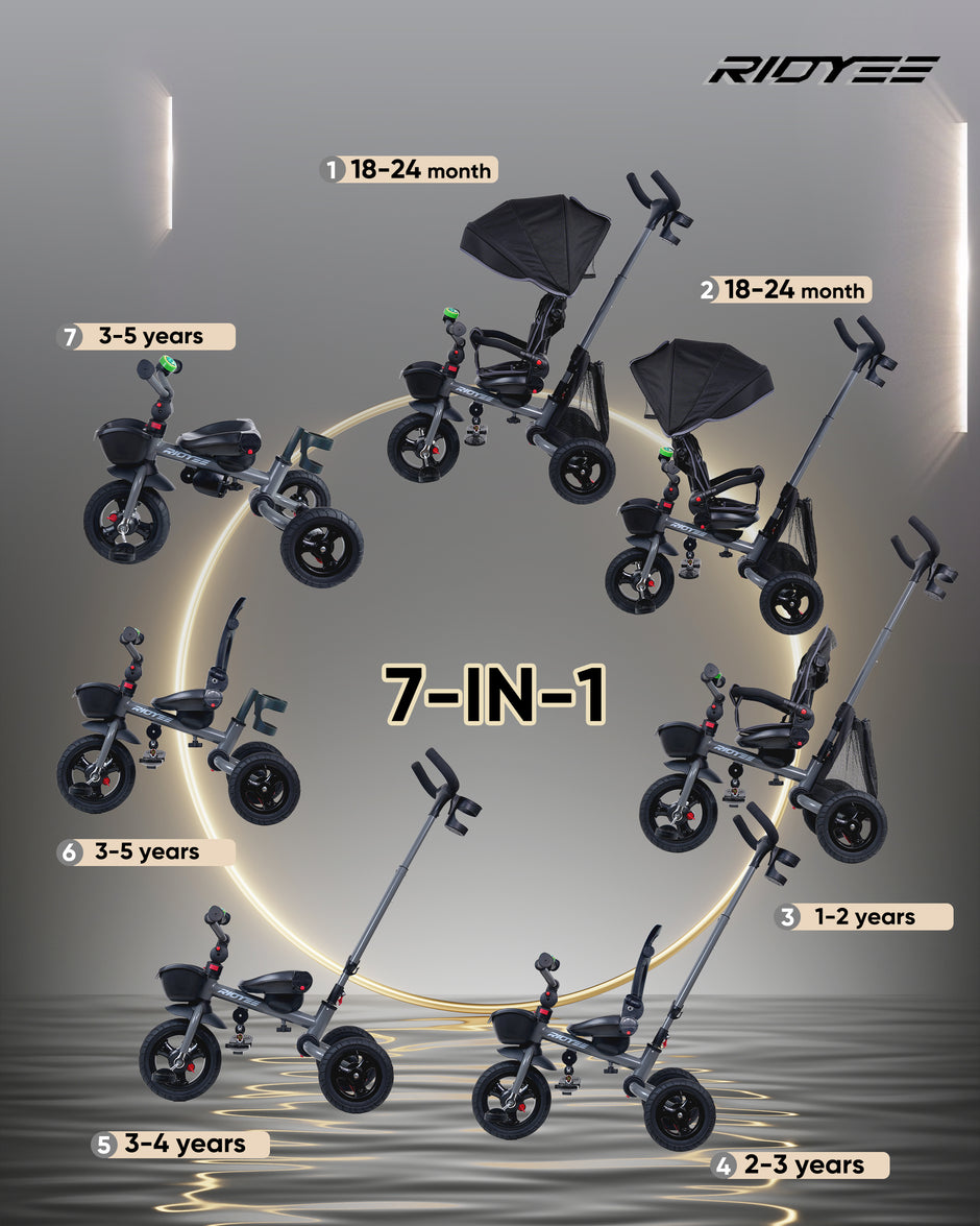 RIDYEE 7-in-1 Tricycle for Toddlers 18 Months to 5 Years, Grey, All-Terrain Rubber Tires, Rotatable Seat, Dual Wheel Brakes