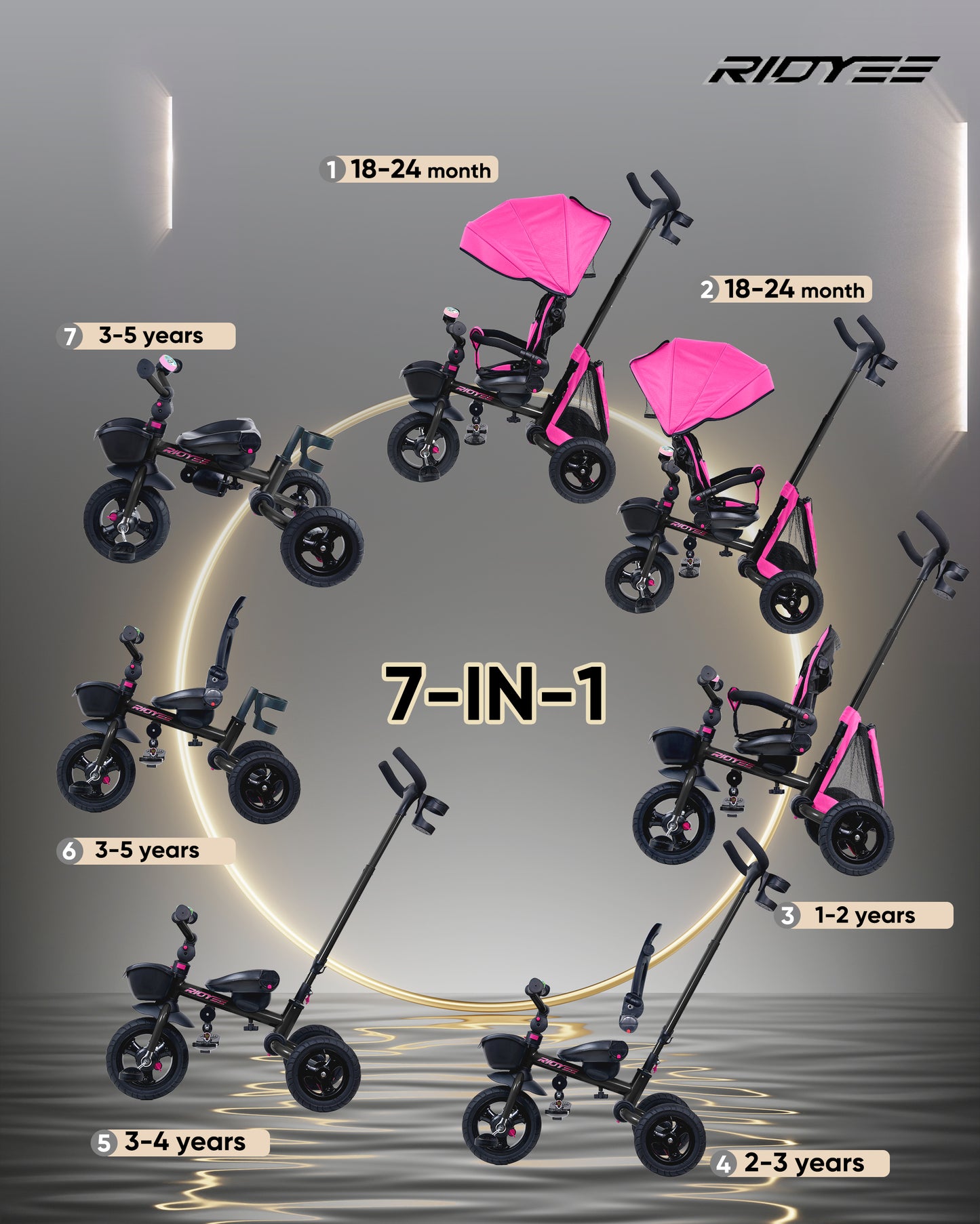 RIDYEE 7-in-1 Toddler Tricycle for 18 Months to 5 Years, Tricycle for Toddlers with Rotatable Seat, Tricycle with All-Terrian Rubber Tire, Double Brake, Adjustable Push Handle, Pink