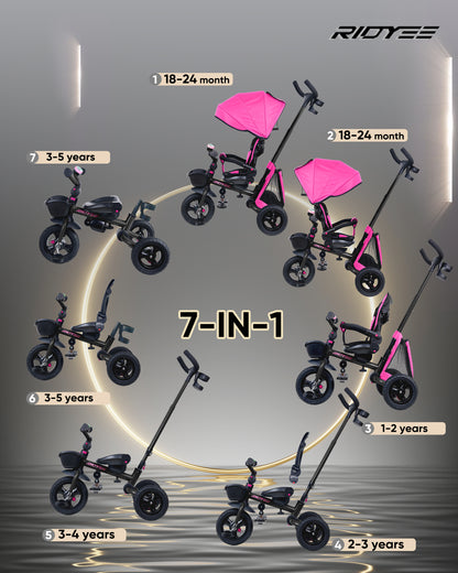 RIDYEE 7-in-1 Toddler Tricycle for 18 Months to 5 Years, Tricycle for Toddlers with Rotatable Seat, Tricycle with All-Terrian Rubber Tire, Double Brake, Adjustable Push Handle, Pink