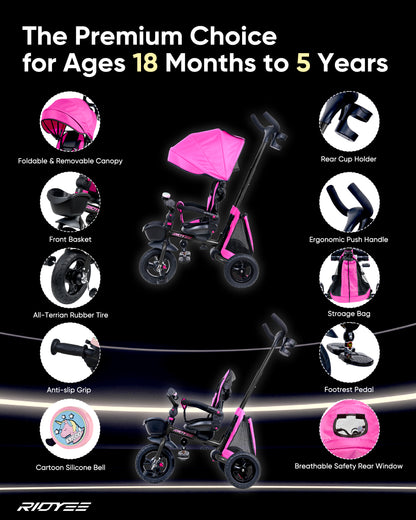 RIDYEE 7-in-1 Toddler Tricycle for 18 Months to 5 Years, Tricycle for Toddlers with Rotatable Seat, Tricycle with All-Terrian Rubber Tire, Double Brake, Adjustable Push Handle, Pink