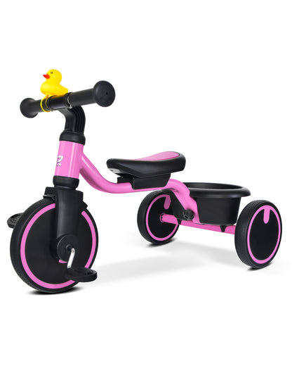 RIDYEE Tricycles for Toddlers 1-3, Tricycles for 1-3 Year Olds with Rubber Tires, Stable Riding on Any Surface, Toddler Tricycle with Adjustable Seat, Non-Sharp Edge Design, Large Basket, Pink