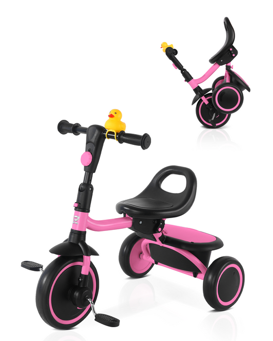 RIDYEE Toddler Tricycle for 18 Months to 5 Years, Foldable Tricycles for 3-5 Year Olds, Kids Tricycle with Adjustable Carry-Friendly Ergonomic Seat and Covered Large Basket, Pink